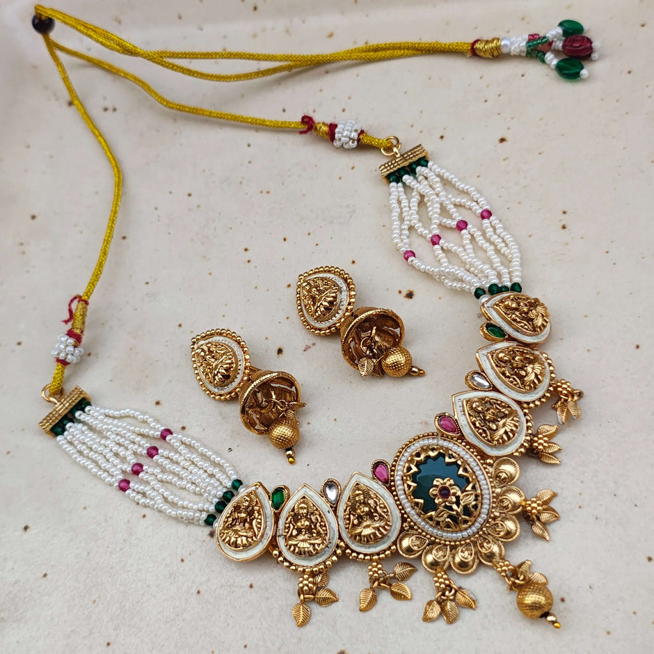 Padma Antique Finish Temple Jewellery Pearl Necklace Set