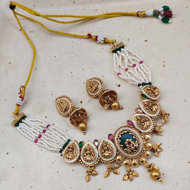Padma Antique Finish Temple Jewellery Pearl Necklace Set