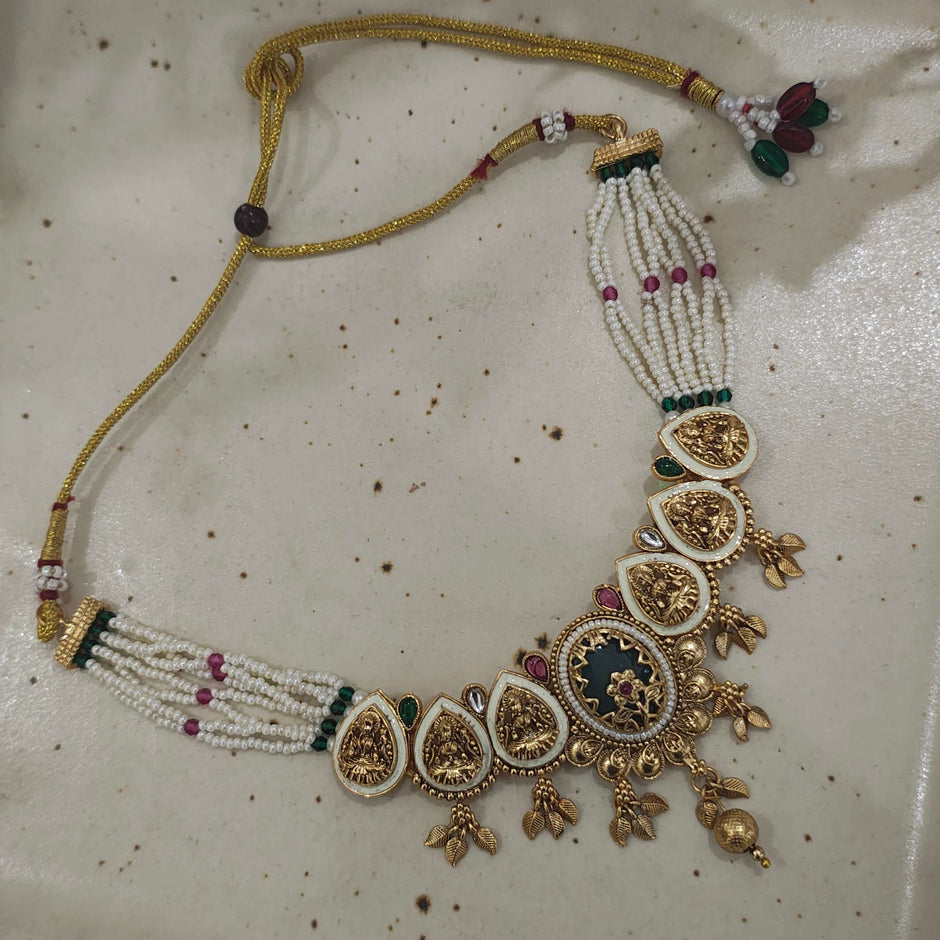 Padma Antique Finish Temple Jewellery Pearl Necklace Set