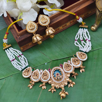 Padma Antique Finish Temple Jewellery Pearl Necklace Set