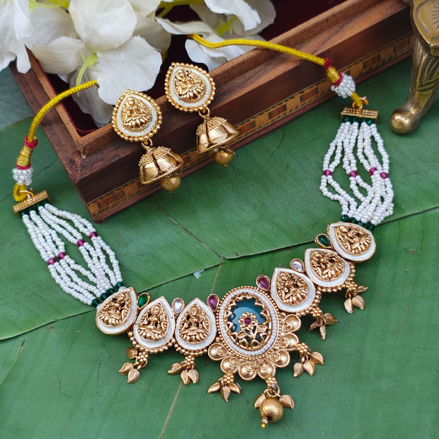 Padma Antique Finish Temple Jewellery Pearl Necklace Set