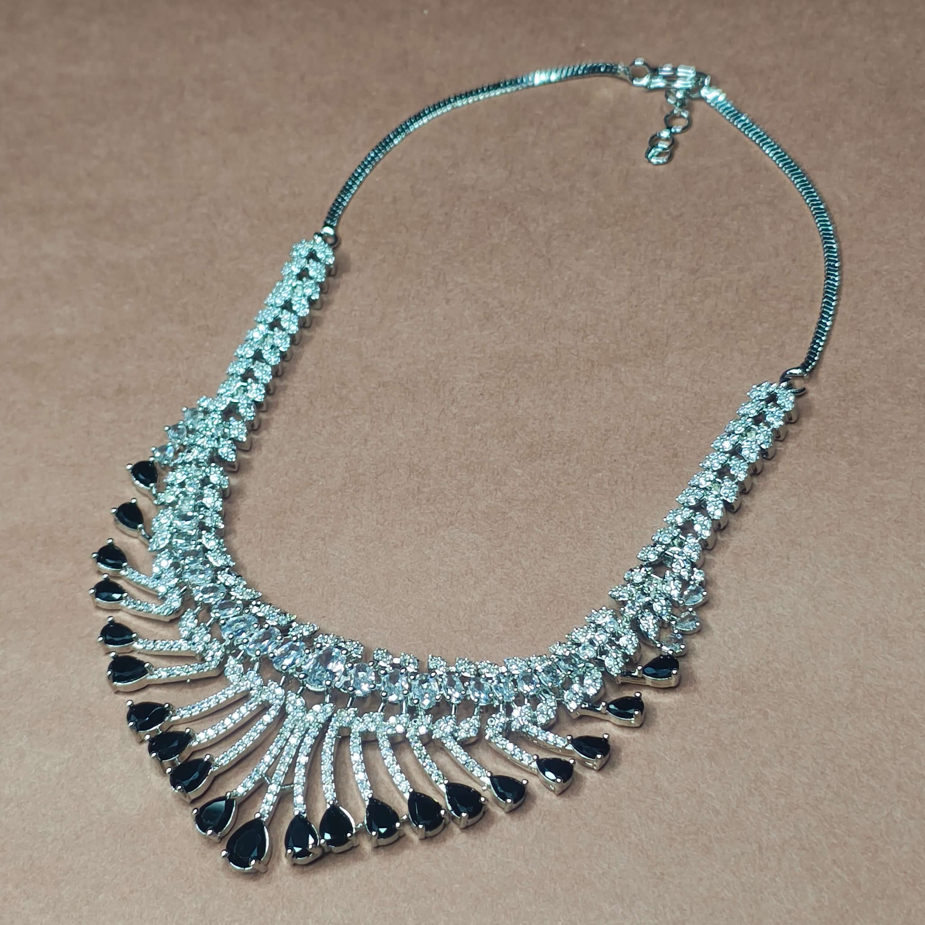 Raha Silver Tone AD Necklace Set - Black