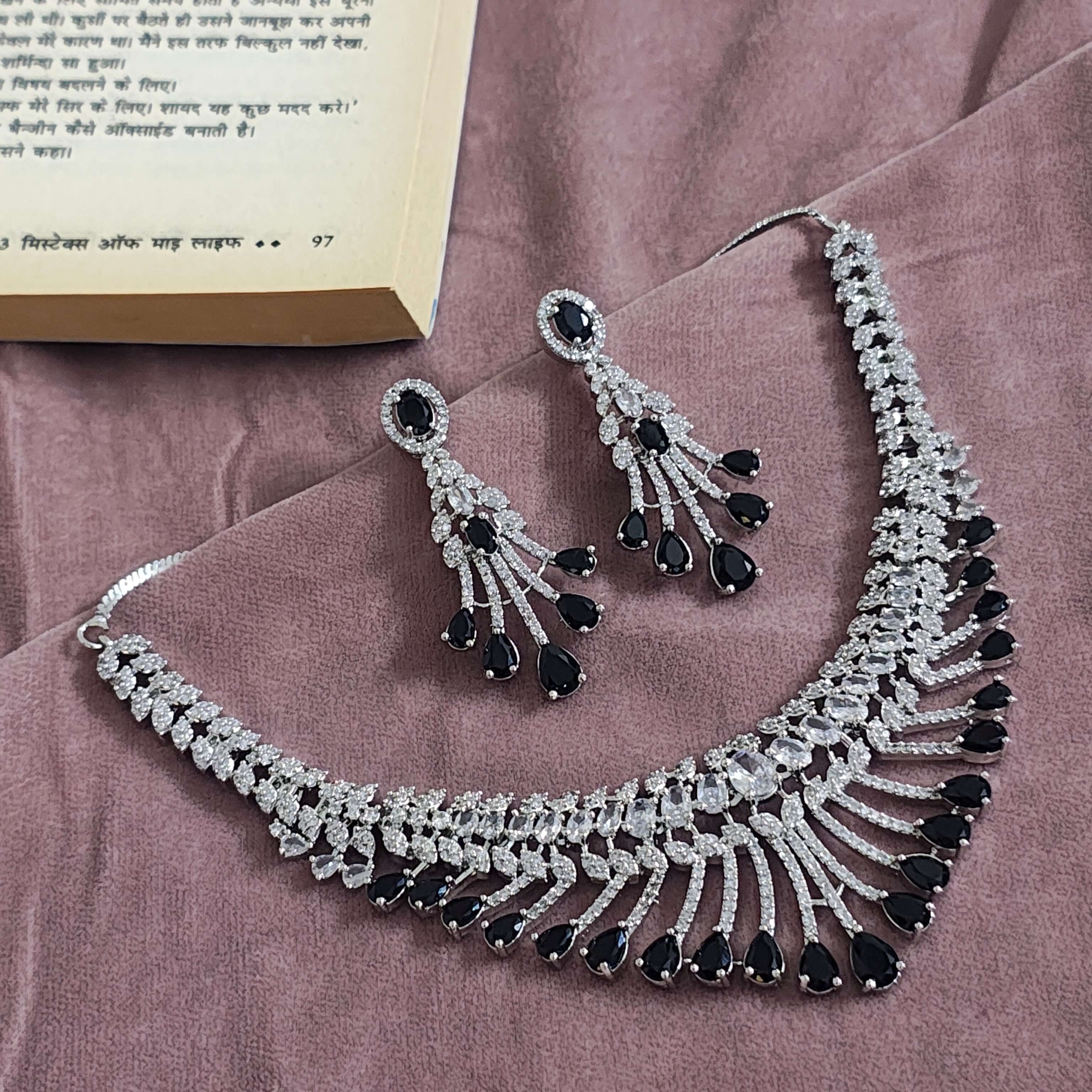 Raha Silver Tone AD Necklace Set - Black