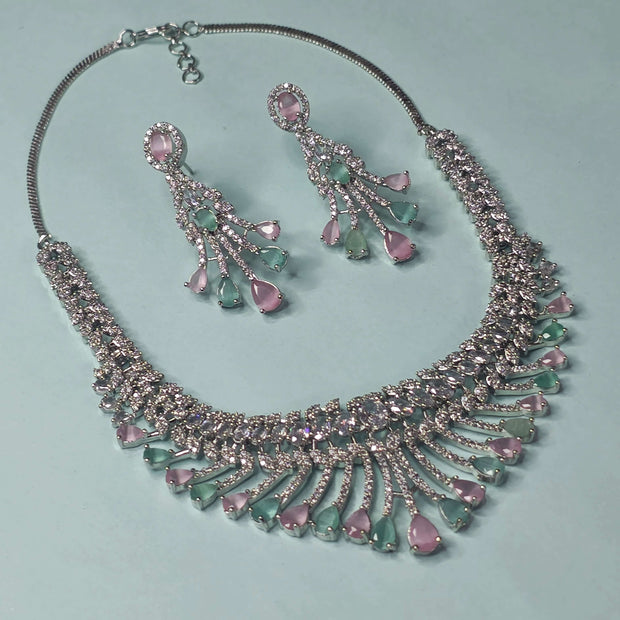 Raha Silver Tone AD Necklace Set - Mint Green and Pink
