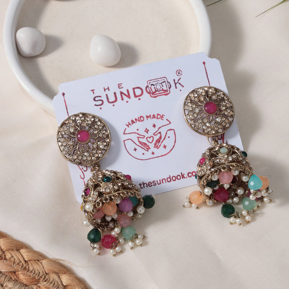 Rasika Multicolor Pearl Gold Enamel Jhumkas with Maang Tikka