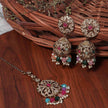 Rasika Multicolor Pearl Gold Enamel Jhumkas with Maang Tikka