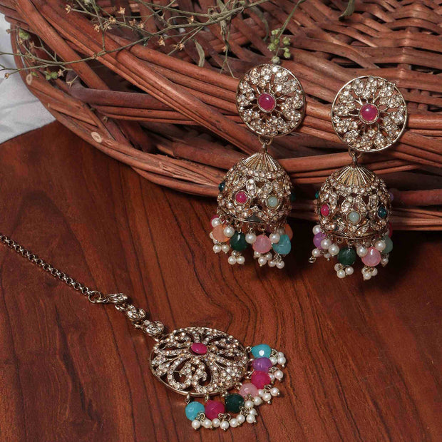 Rasika Multicolor Pearl Gold Enamel Jhumkas with Maang Tikka