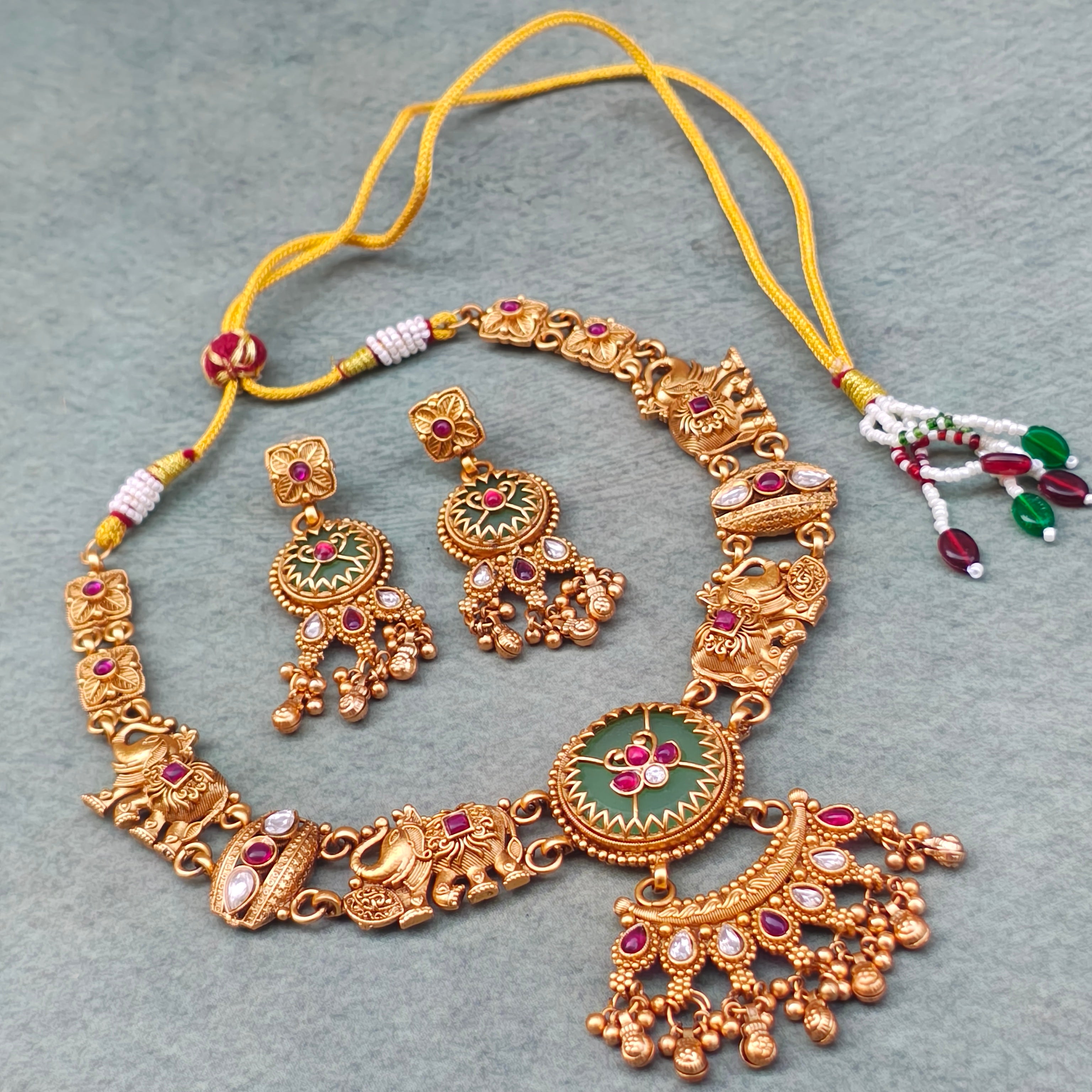 Radhika Antique Gold Elephant Meenakari Kundan Necklace Set