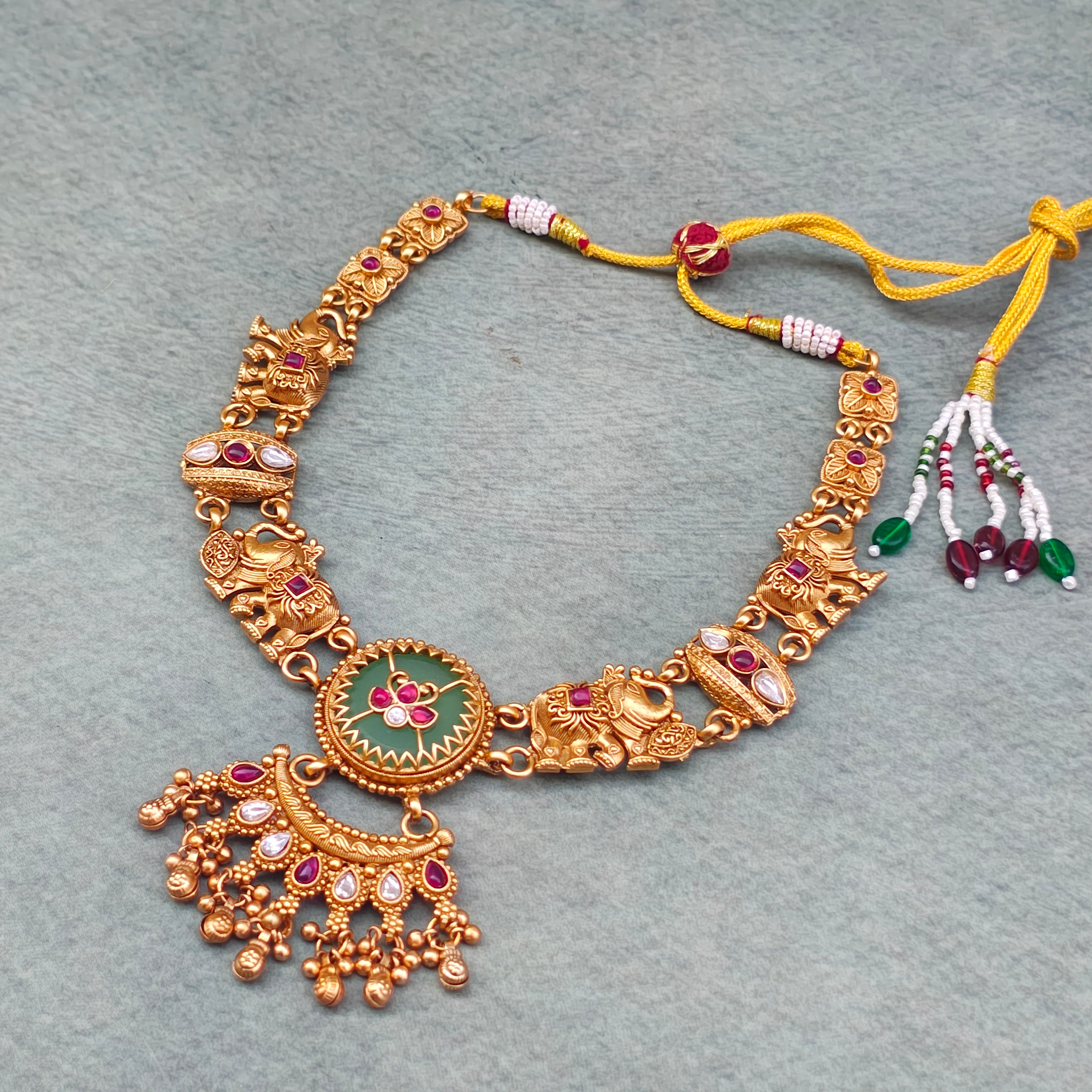 Radhika Antique Gold Elephant Meenakari Kundan Necklace Set