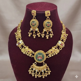 Radhika Antique Gold Elephant Meenakari Kundan Necklace Set