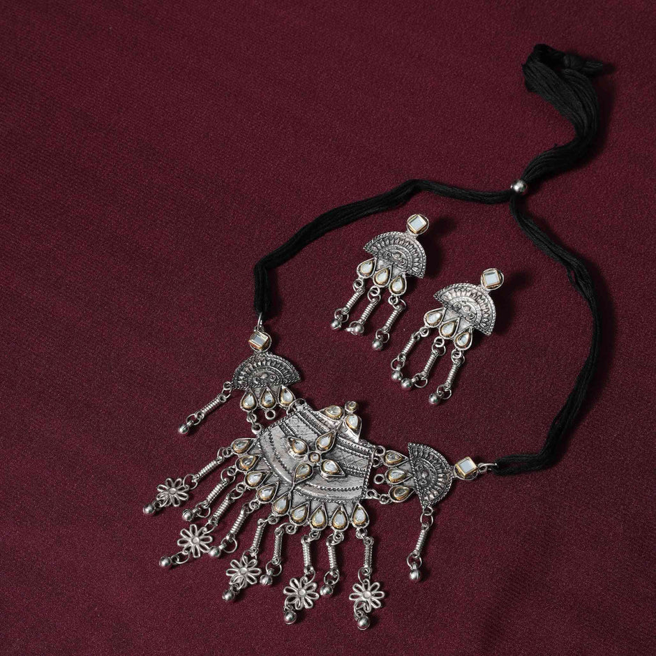 Saanvi Mirror Silver Oxidized Choker Necklace Set