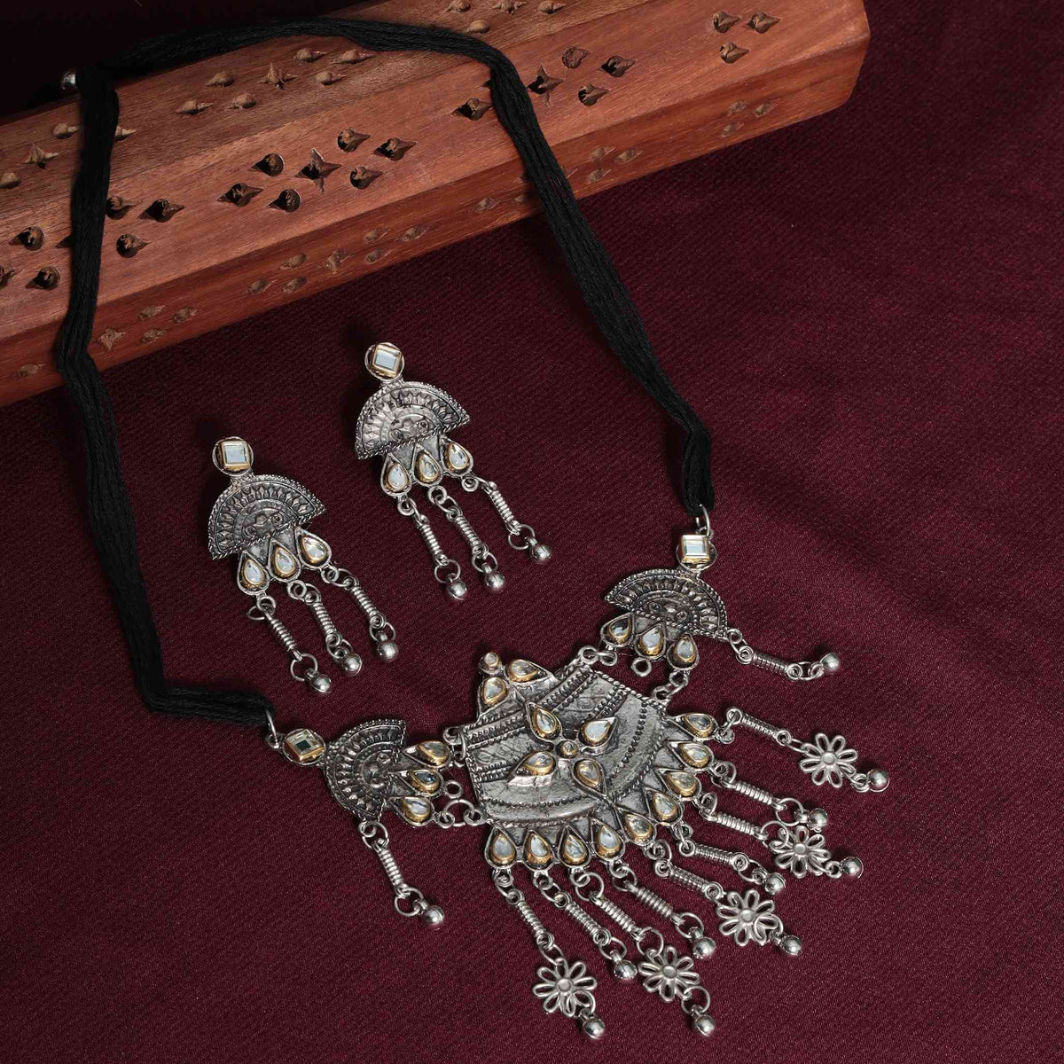 Saanvi Mirror Silver Oxidized Choker Necklace Set