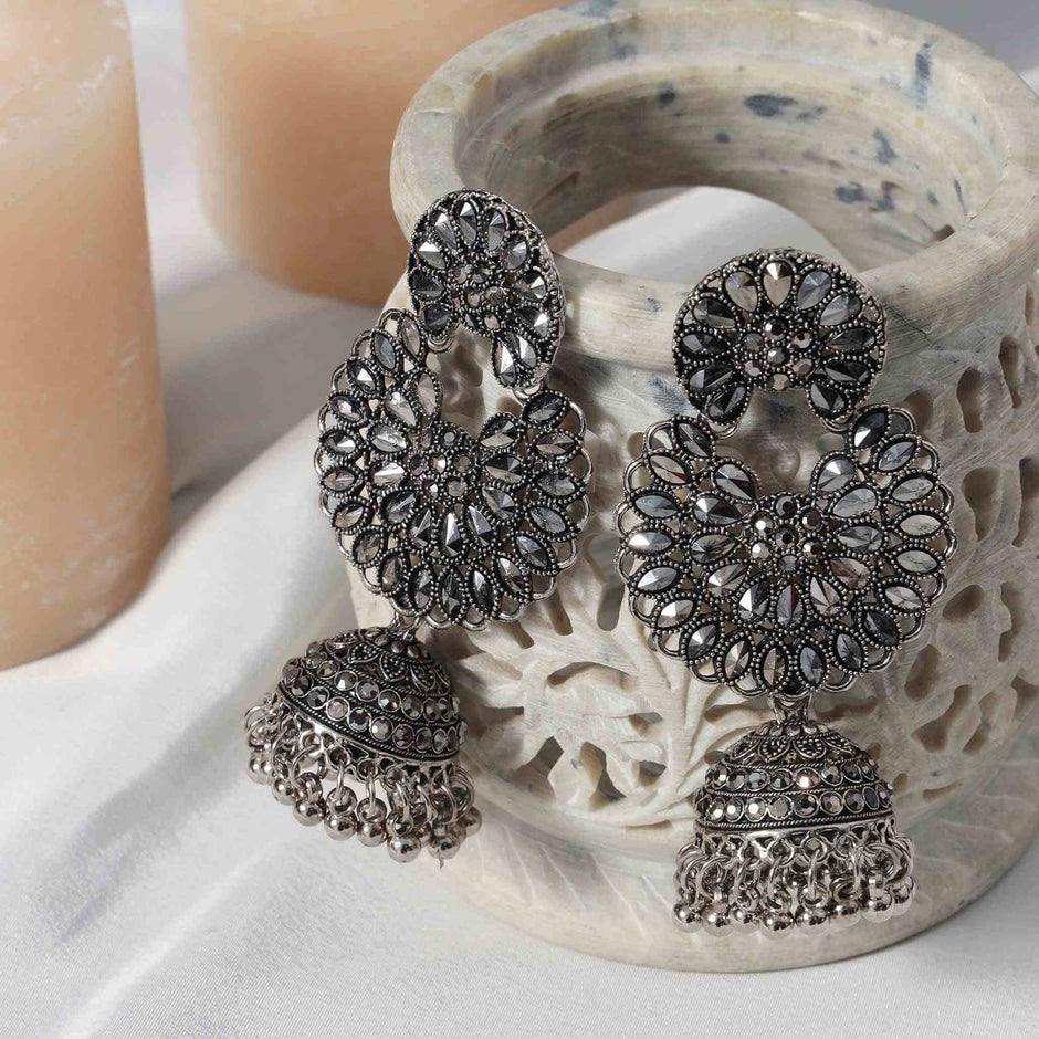 Shaila Silver Oxidized Jhumki Earrings