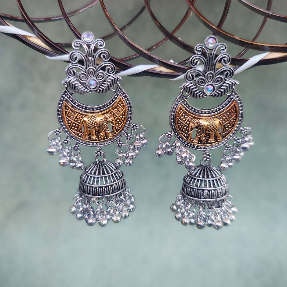 SHREYA SILVER OXIDIZED GHUNGROO CHANDBALI EARRINGS