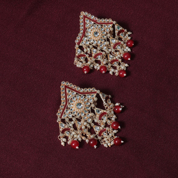 SITARA PEARL & KUNDAN GOLD PLATED CHANDBALI EARRINGS - RED