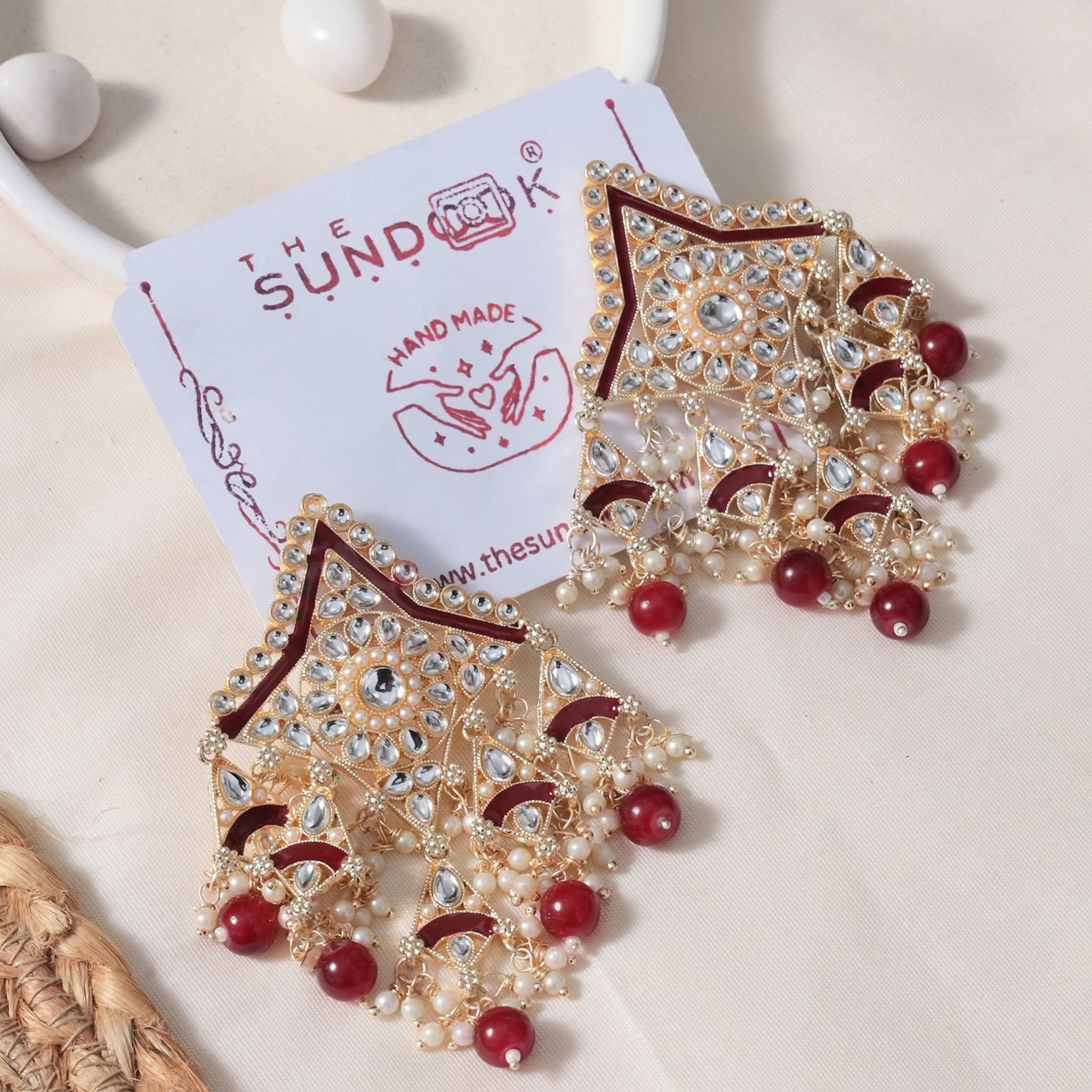 SITARA PEARL & KUNDAN GOLD PLATED CHANDBALI EARRINGS - RED