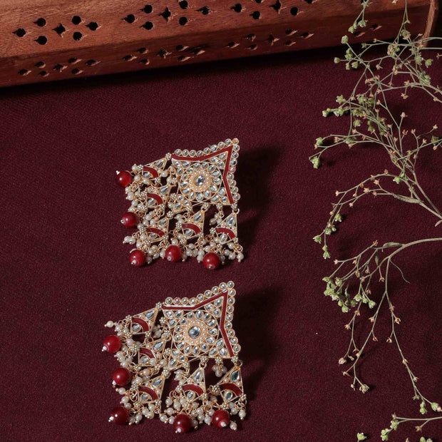 SITARA PEARL & KUNDAN GOLD PLATED CHANDBALI EARRINGS - RED