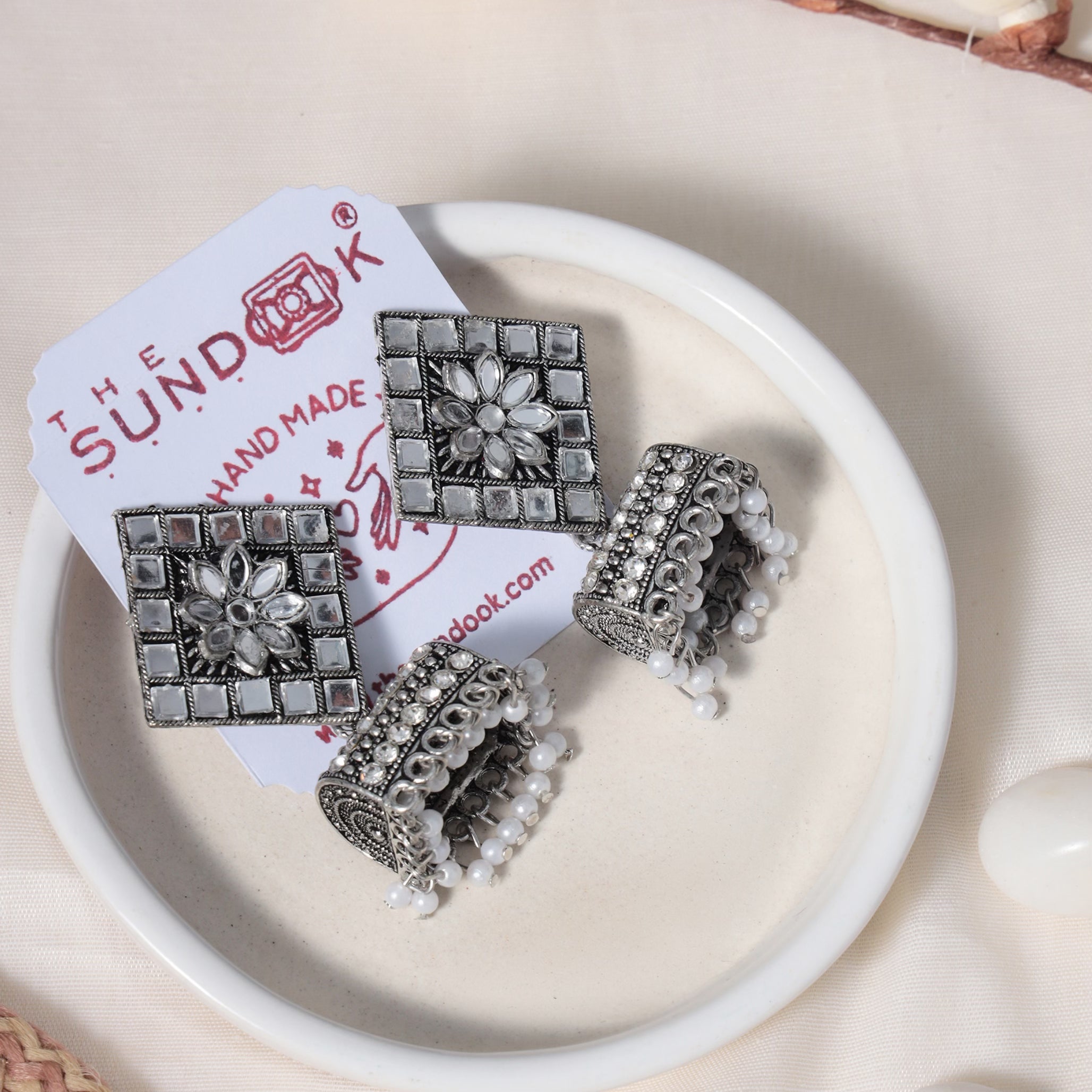 Stuti Mirror & Pearl Silver Oxidized Jhumki Earrings