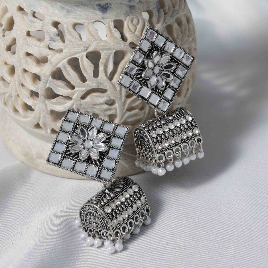 Stuti Mirror & Pearl Silver Oxidized Jhumki Earrings