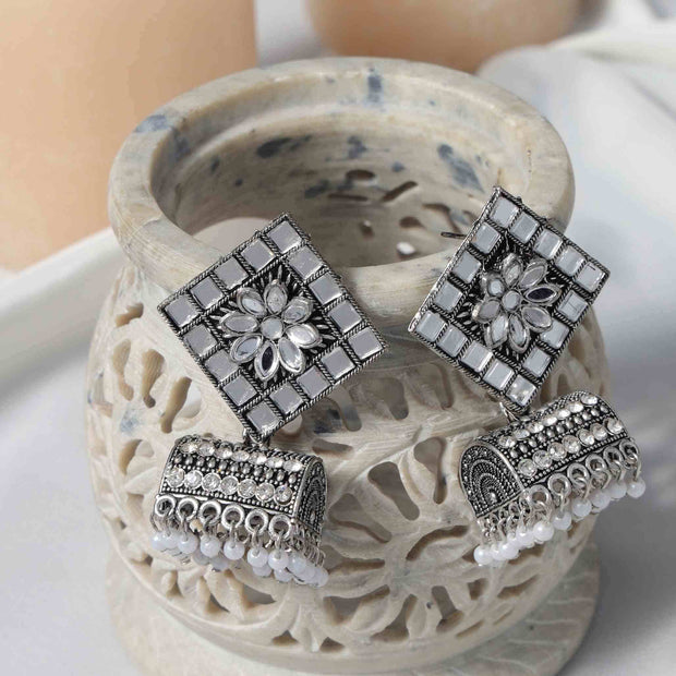 Stuti Mirror & Pearl Silver Oxidized Jhumki Earrings