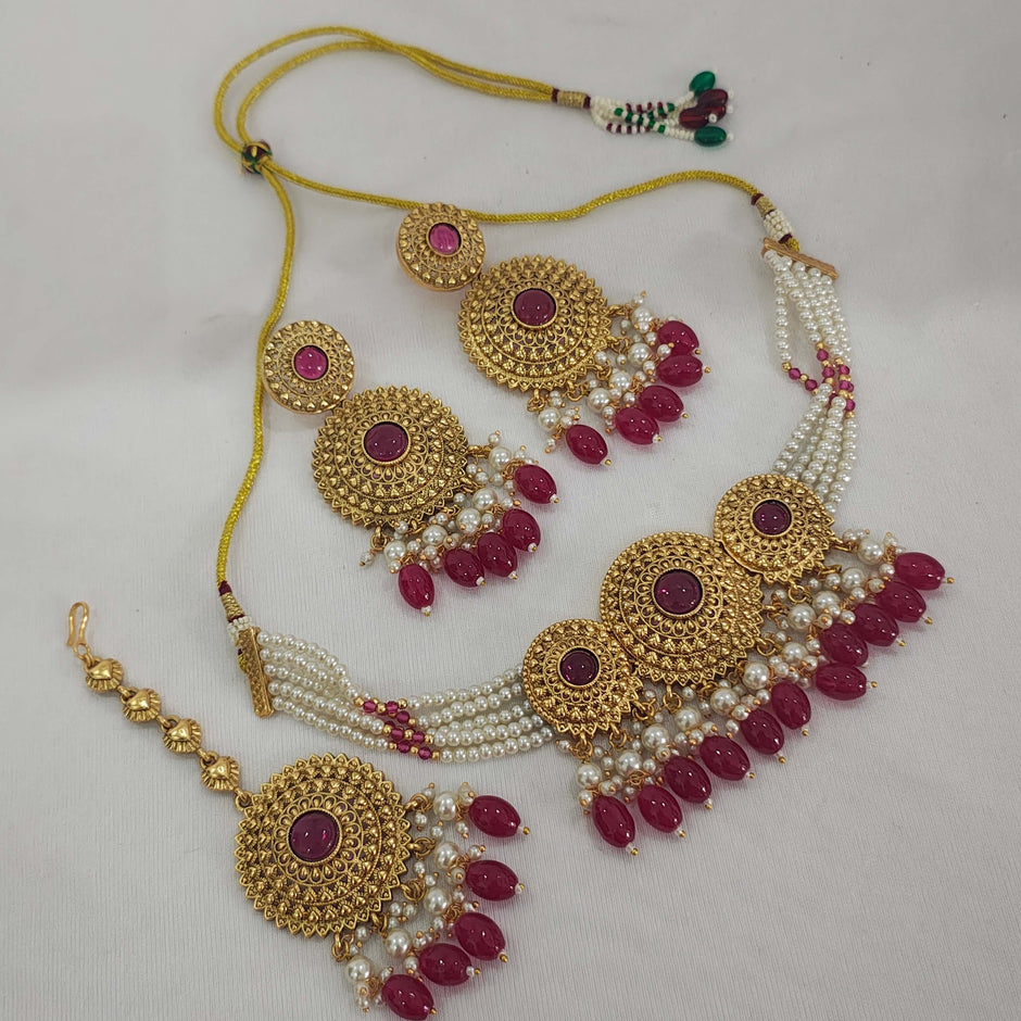 Shravani Traditional Choker With Tikka & Jhumka Earrings - Ruby Red