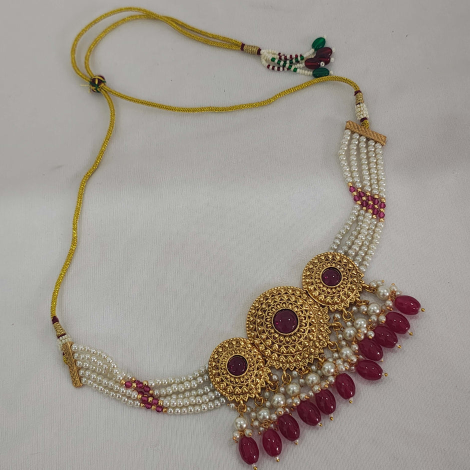 Shravani Traditional Choker With Tikka & Jhumka Earrings - Ruby Red