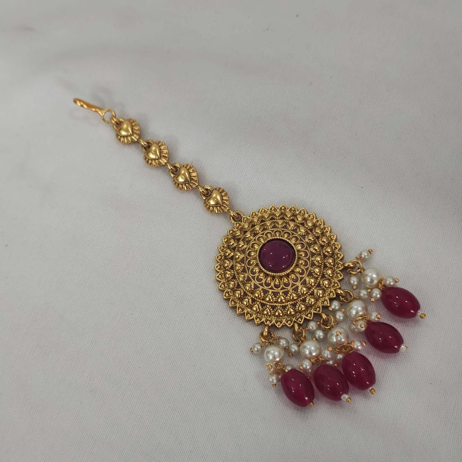 Shravani Traditional Choker With Tikka & Jhumka Earrings - Ruby Red