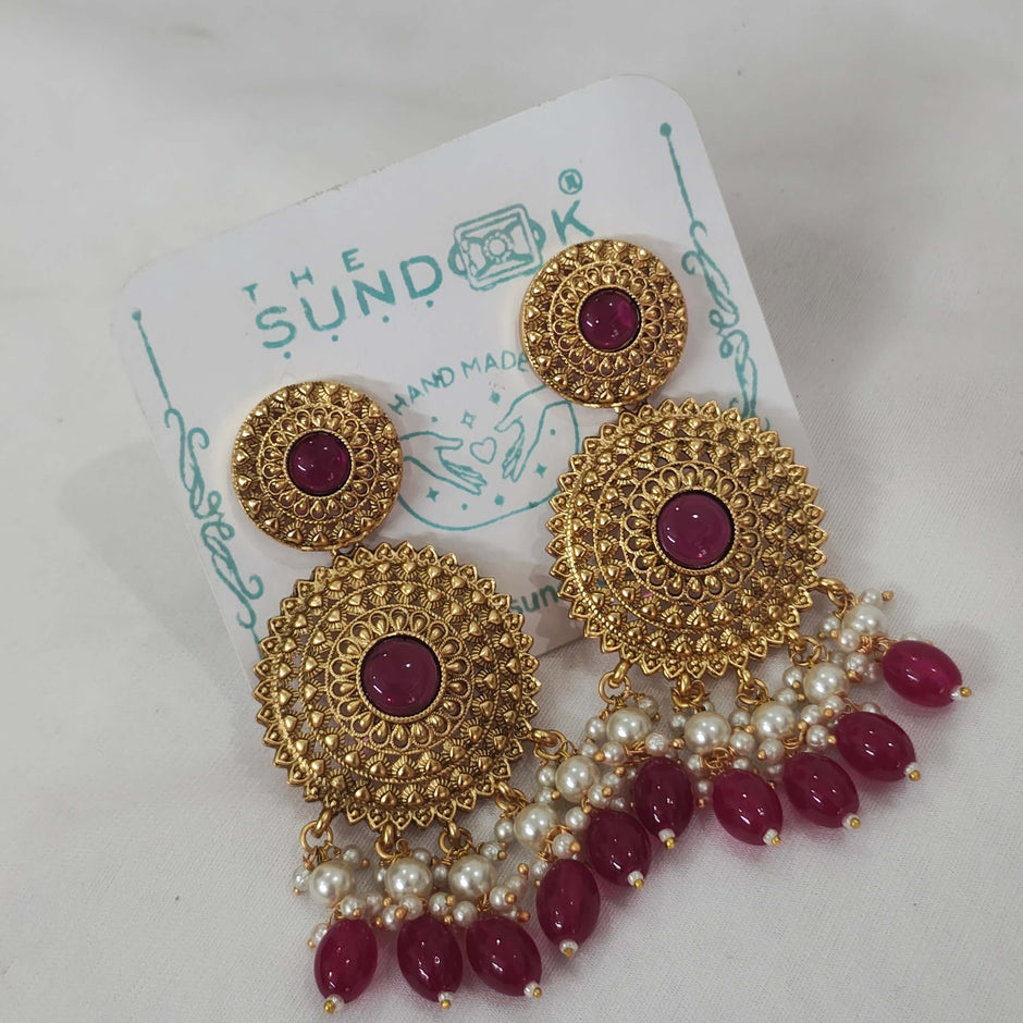 Shravani Traditional Choker With Tikka & Jhumka Earrings - Ruby Red