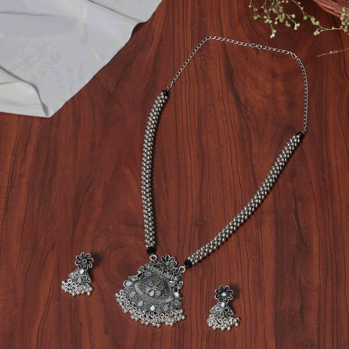 Veda Silver Oxidized Long Necklace Set