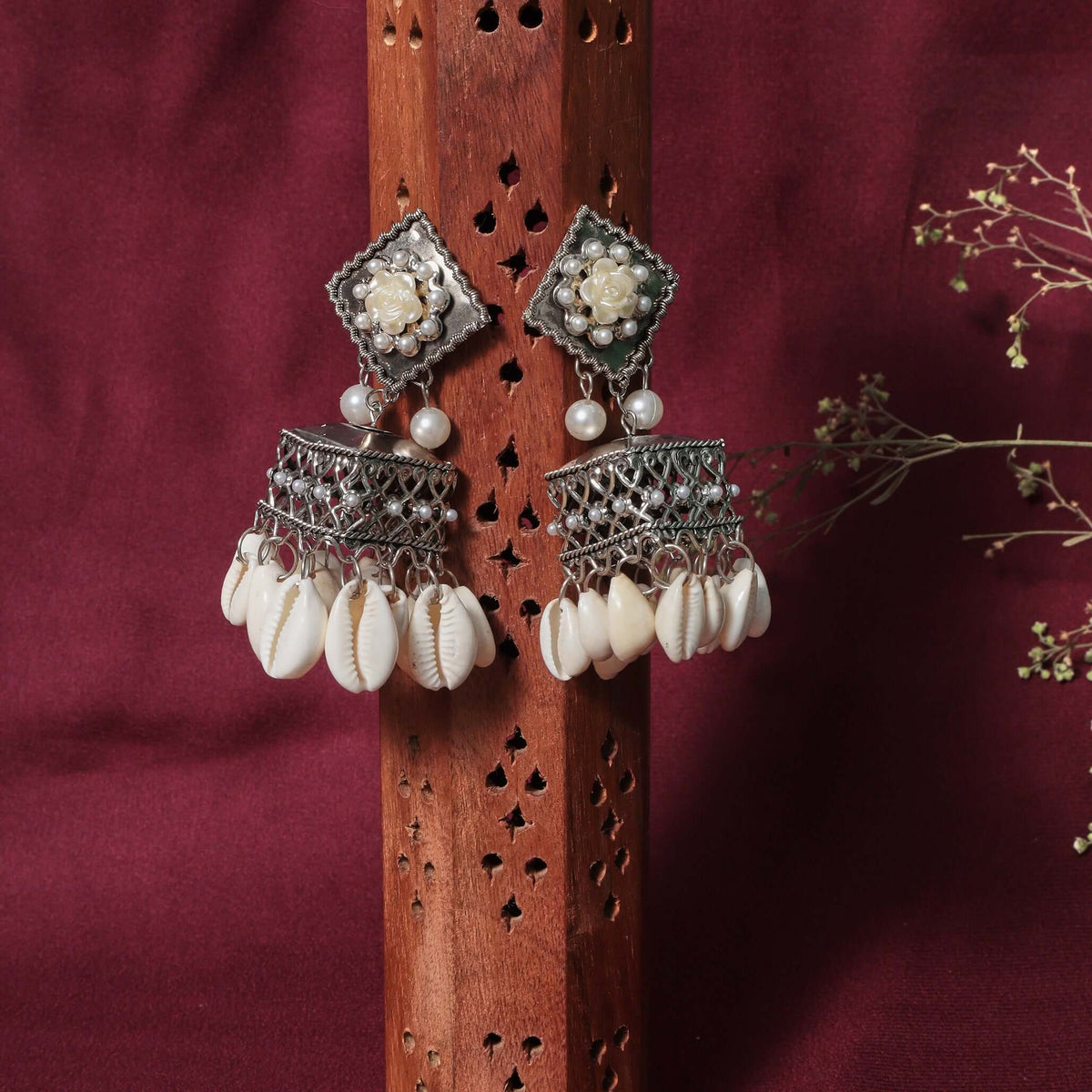 Vrinda Pearl & Kaudi Silver Oxidized Jhumka Earrings