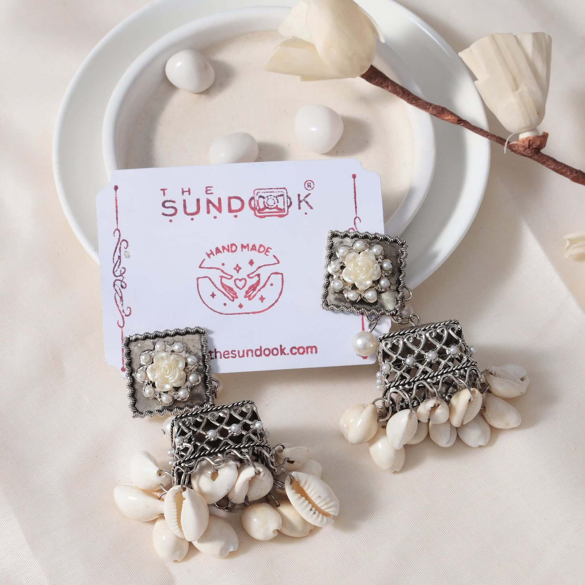 Vrinda Pearl & Kaudi Silver Oxidized Jhumka Earrings