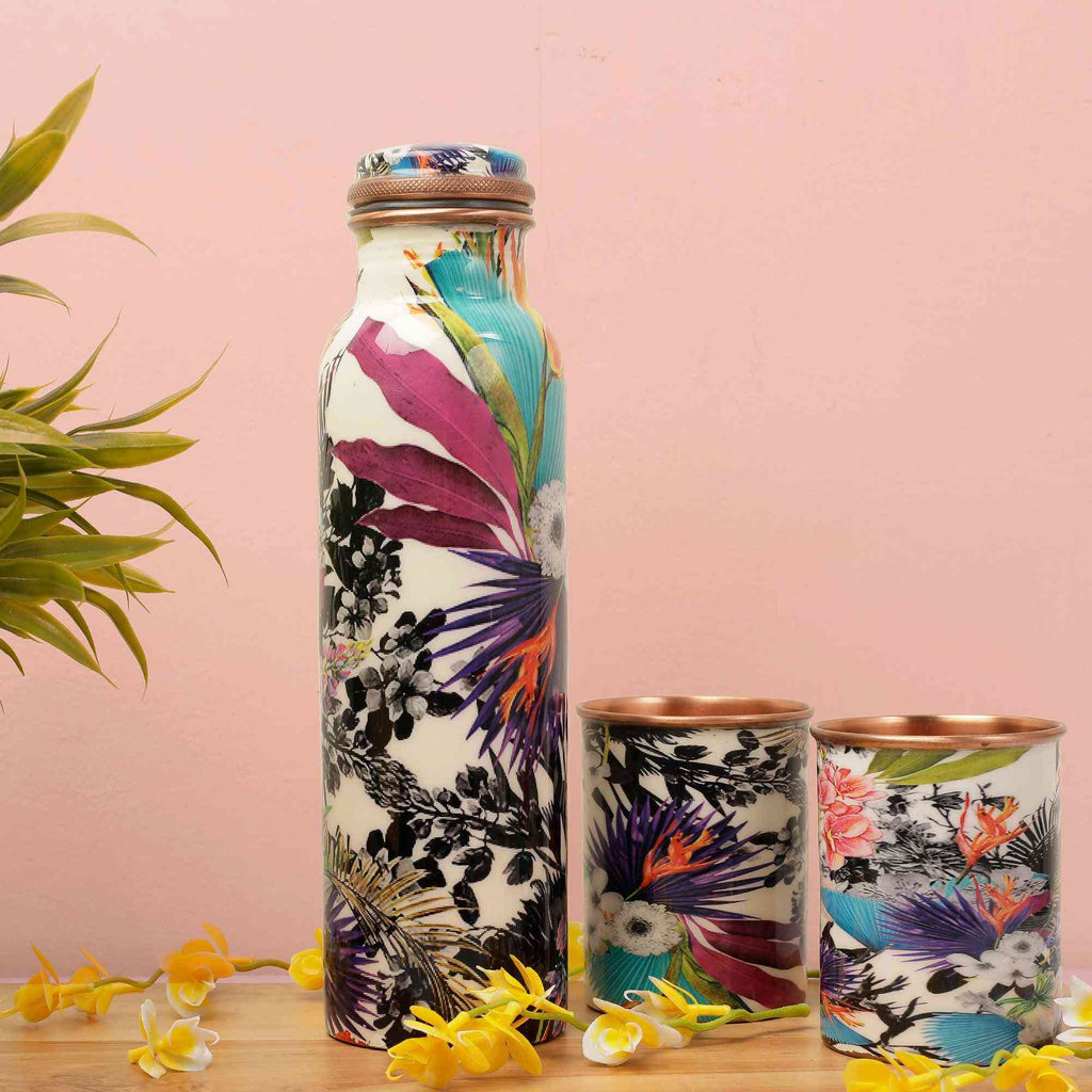 Floral Ecstasy Copper Bottle & Tumblers' Set - The Sundook