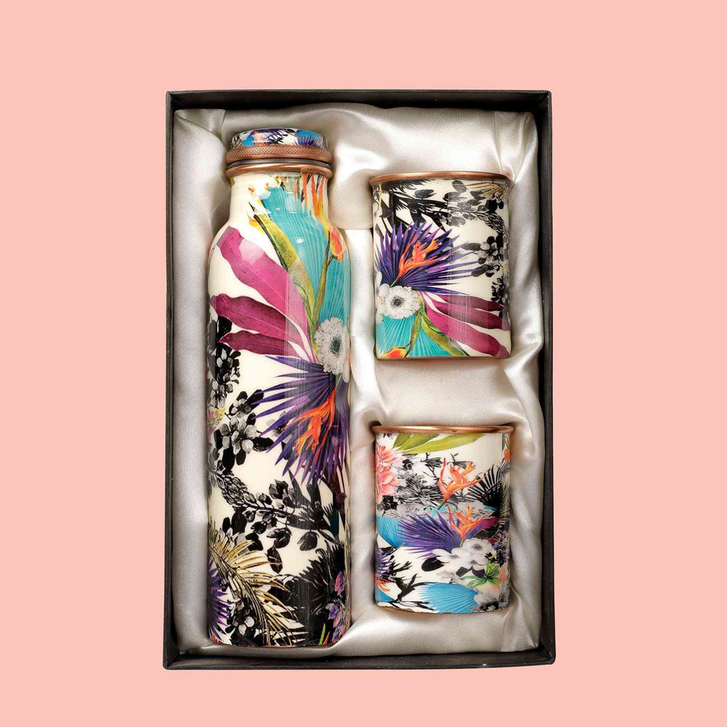 Floral Ecstasy Copper Bottle & Tumblers' Set - The Sundook