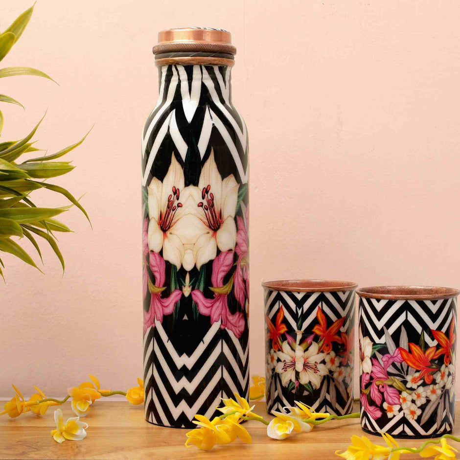 FlowerAura Enameled Copper Bottle & Tumblers' Set