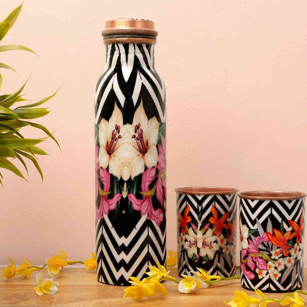 FlowerAura Enameled Copper Bottle & Tumblers' Set - The Sundook