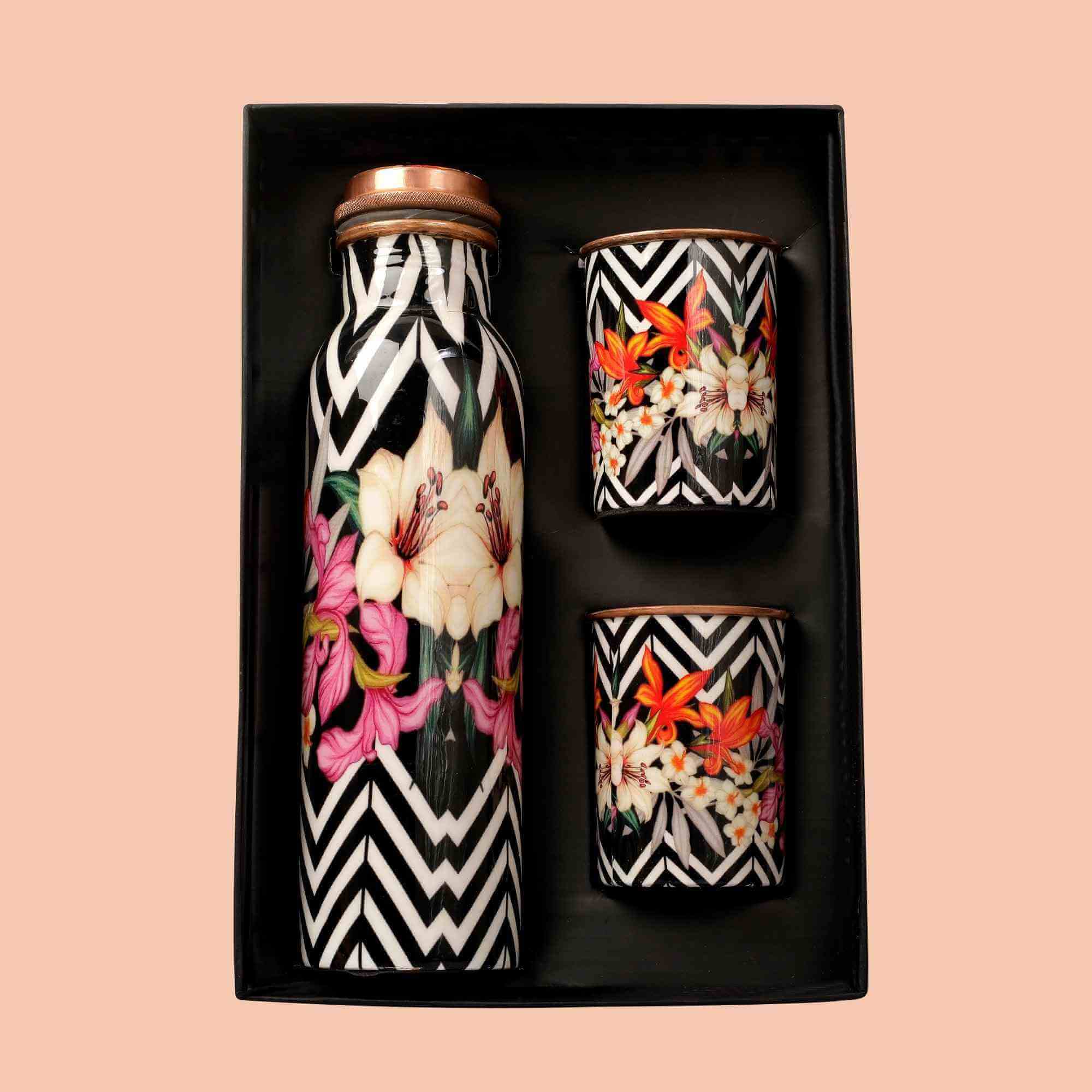 FlowerAura Enameled Copper Bottle & Tumblers' Set