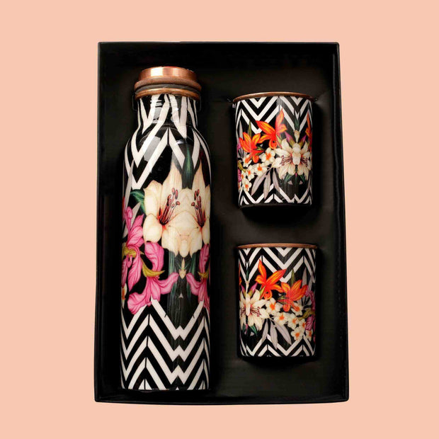FlowerAura Enameled Copper Bottle & Tumblers' Set