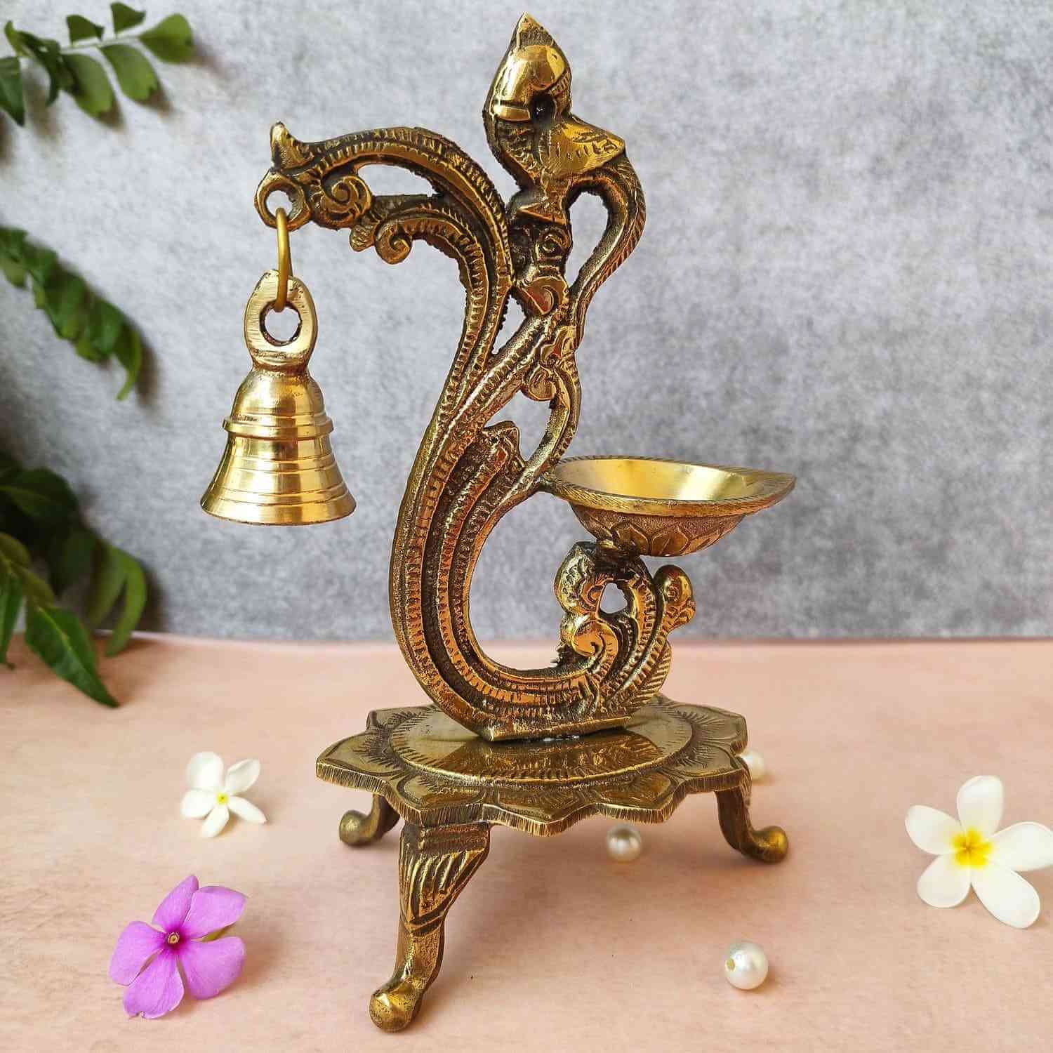Peacock Trinity Brass Diya with Bell