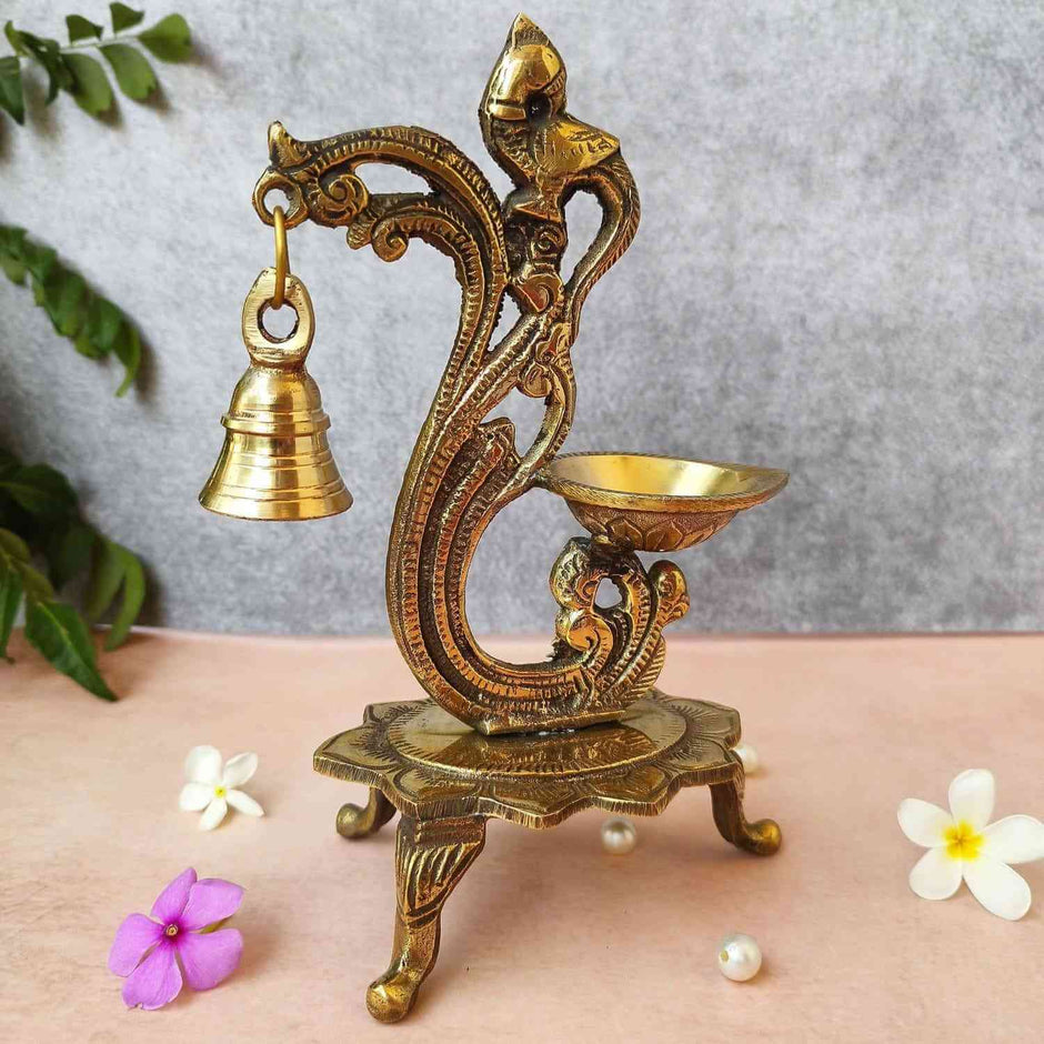 Peacock Trinity Brass Diya with Bell