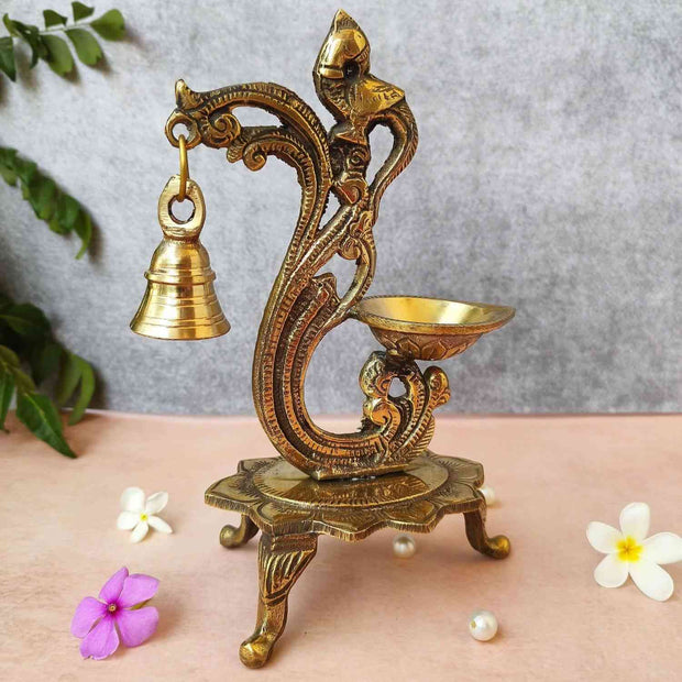 Peacock Trinity Brass Diya with Bell