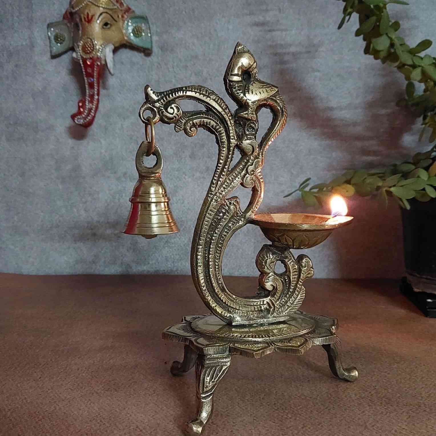 Peacock Trinity Brass Diya with Bell