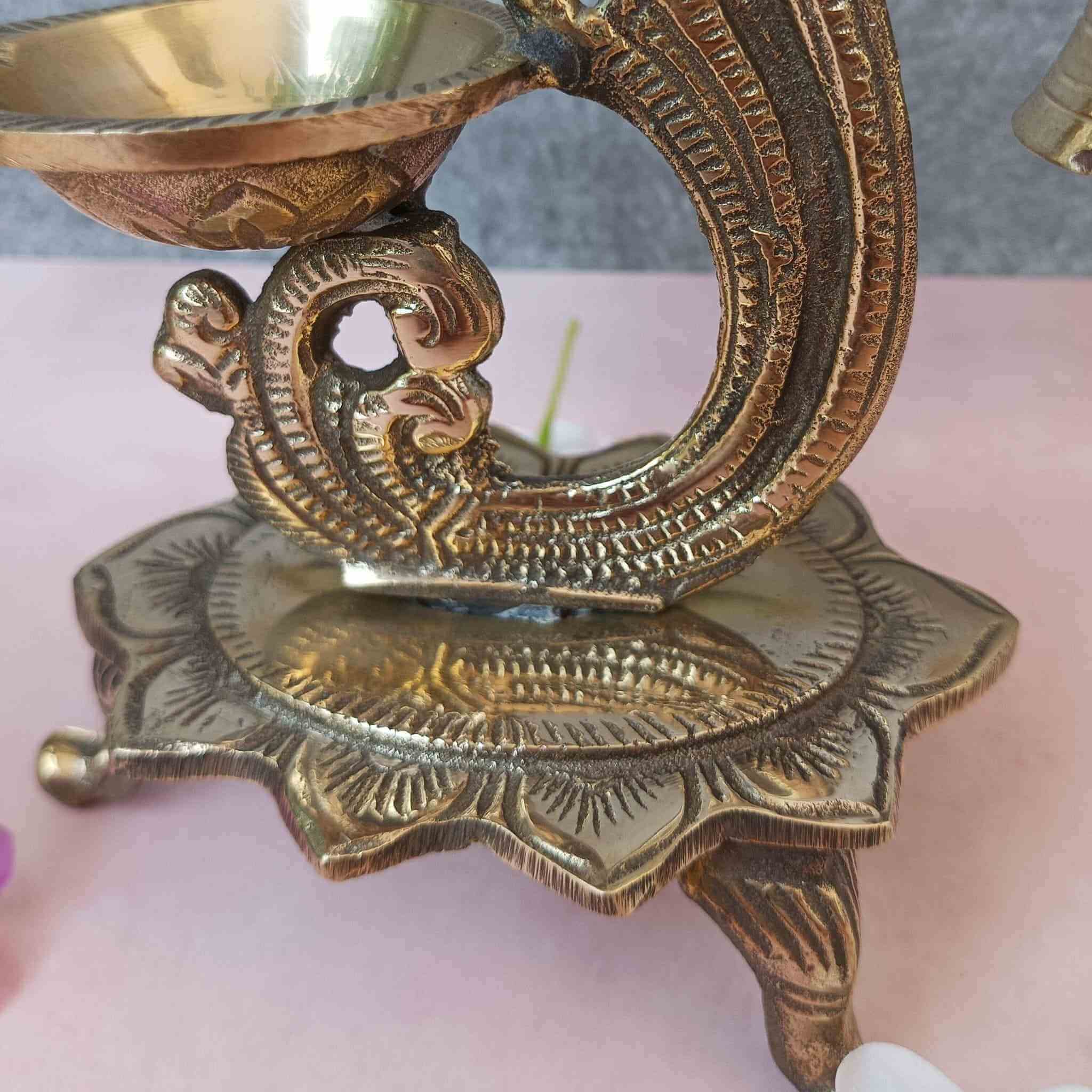 Peacock Trinity Brass Diya with Bell