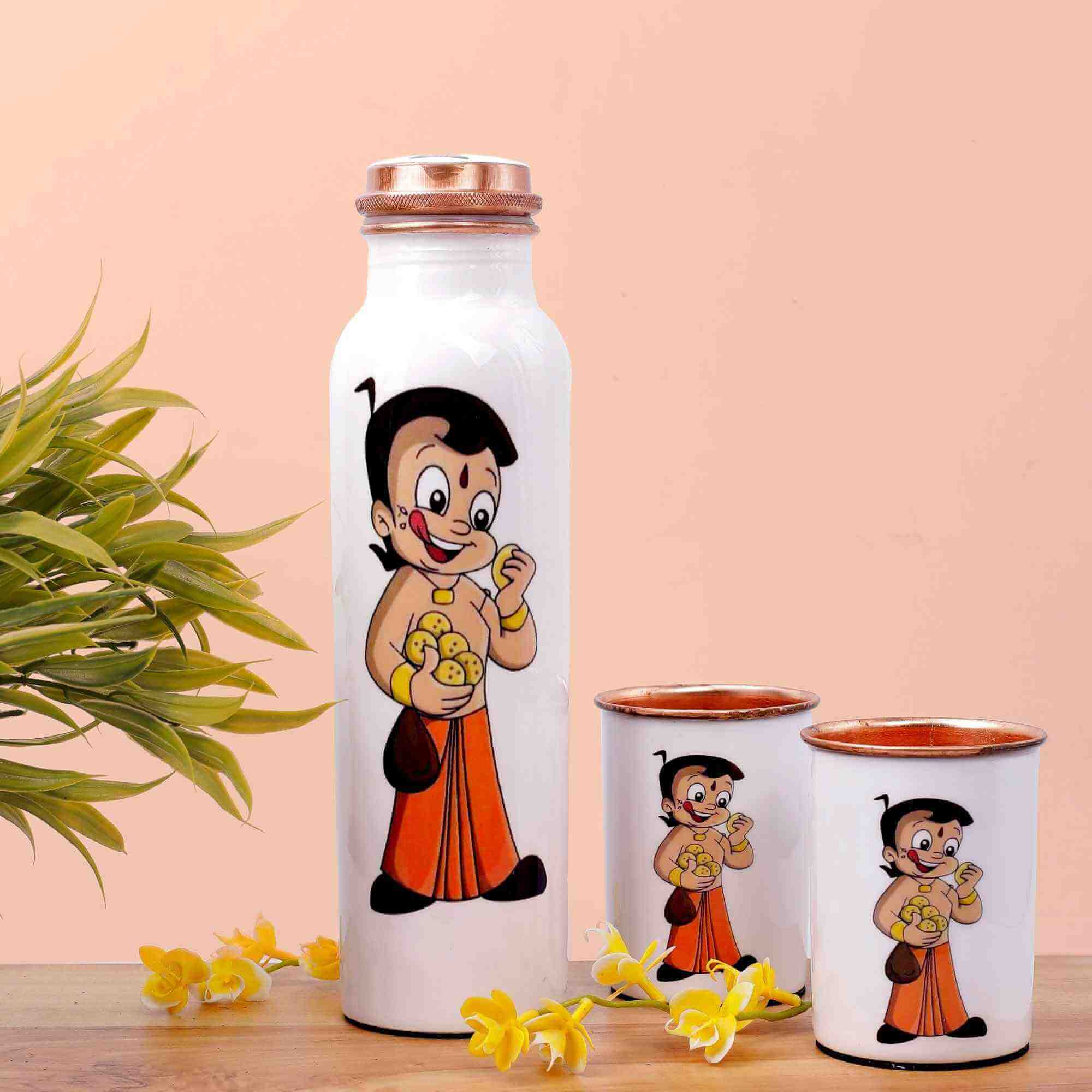 Playful Chhota Bheem Copper Bottle & Tumblers' Set