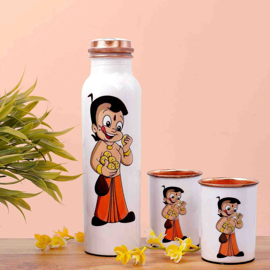 Playful Chhota Bheem Copper Bottle & Tumblers' Set