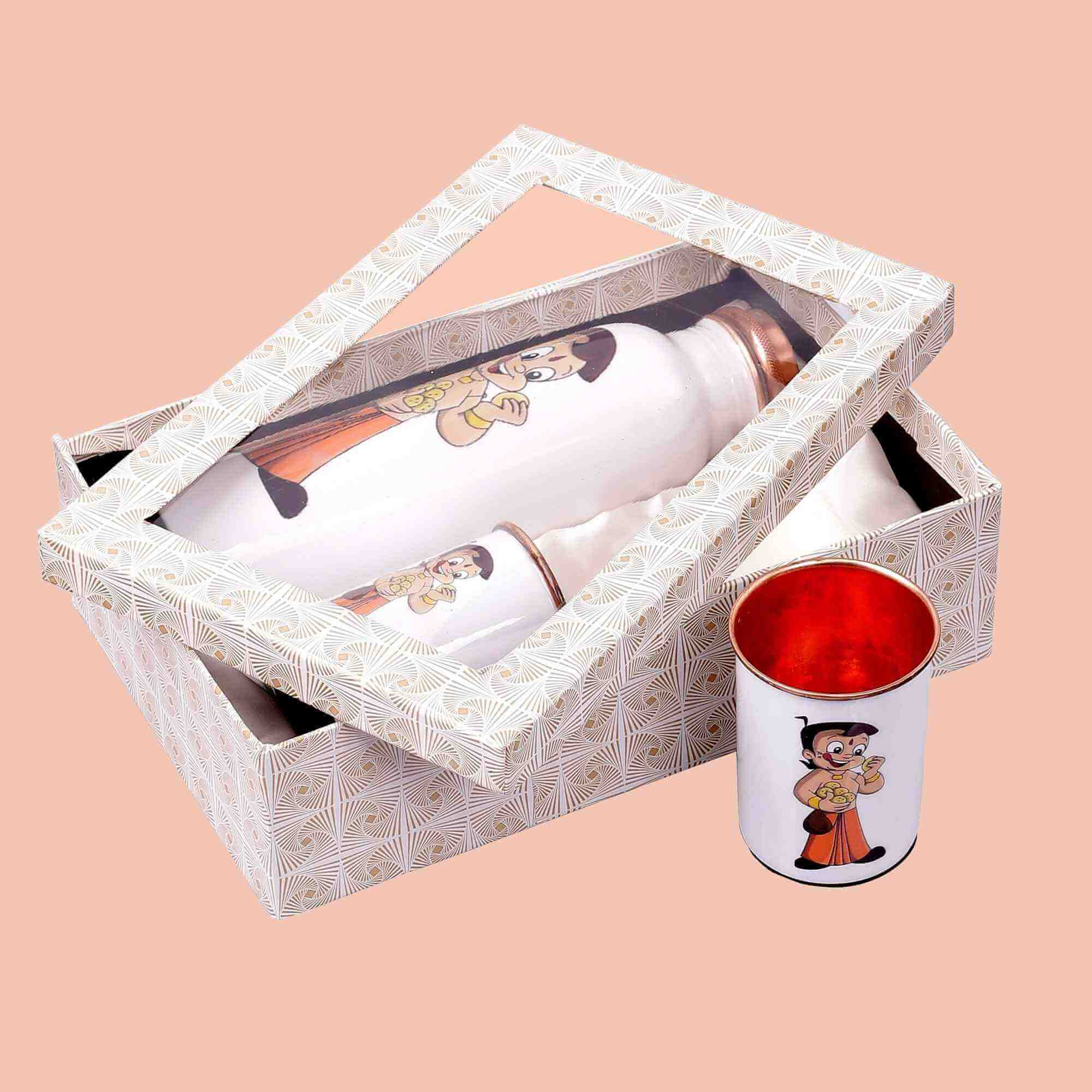 Playful Chhota Bheem Copper Bottle & Tumblers' Set
