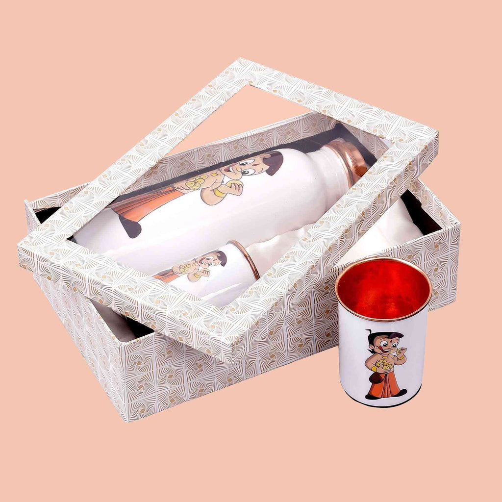 Playful Chhota Bheem Copper Bottle & Tumblers' Set - The Sundook