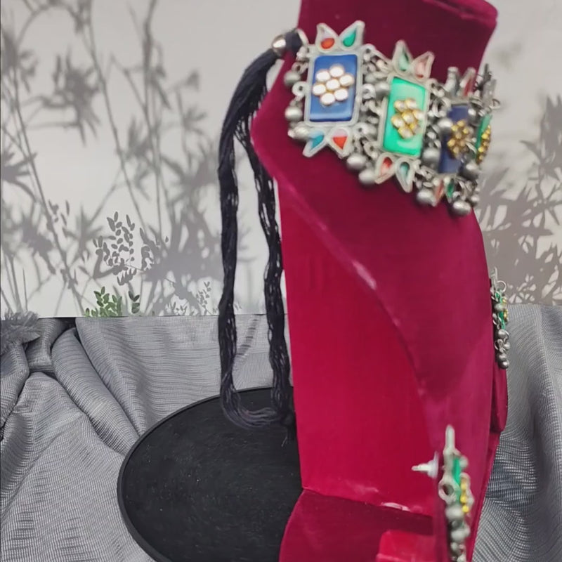 Advika Blue and Green Silver Oxidized Choker Set