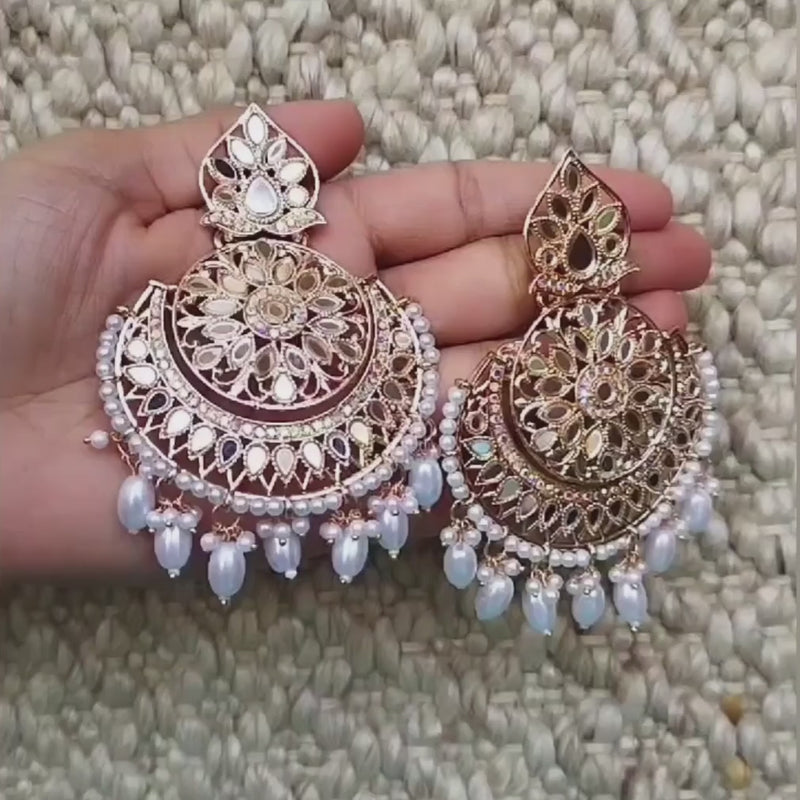 Anwita Pearl & Mirror Rose Gold Chandbali Earrings