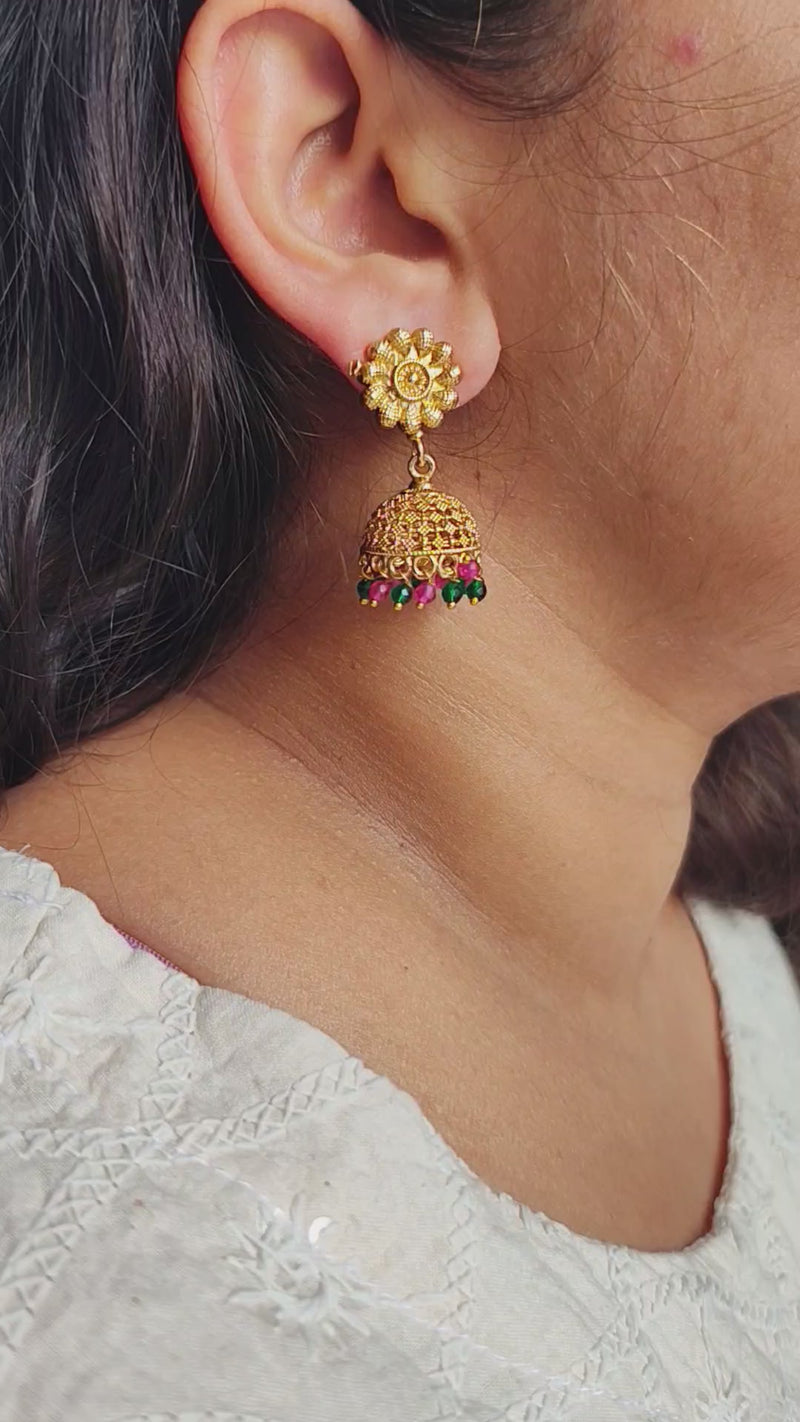 Dhara Gold Plated Jhumki with Pink and Green Pearl Drops