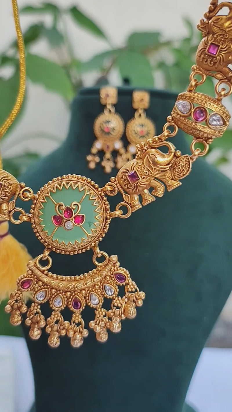 Radhika Antique Gold Elephant Meenakari Kundan Necklace Set